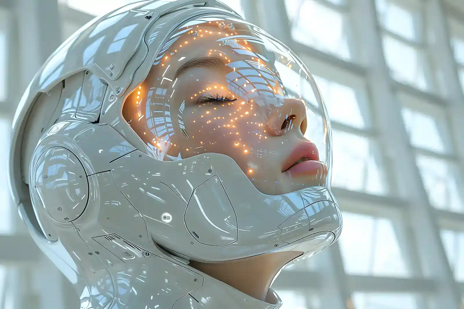 A woman with her eyes closed in a space suit helmet.